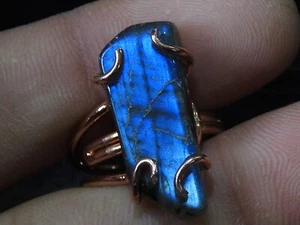 Natural Labradorite Rough Ring Multi Flashy Fire Wire Wrapped Copper Jewelry - Picture 1 of 8