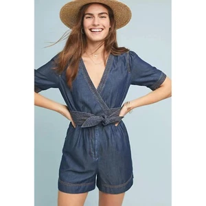 Mameluco vaquero Pilcro Anthropologie lazo cintura manga corta azul talla 2 - Imagen 1 de 9