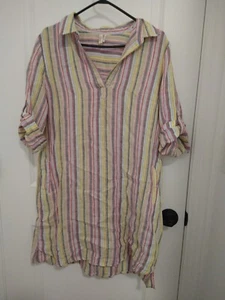Elan Striped Shirt Dress 100% Linen V neck elbow sleeve roll tab size M - Picture 1 of 8