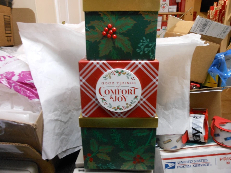 Nesting Stacking Cardboard Boxes Christmas Pattern, Set of 3 Varying Sizes - Image 1 of 1