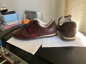 GUCCI MONOGRAM GG LOGO FLATS LEATHER SNEAKERS RUBBER SHOES 7.5 LACED - Picture 1 of 8