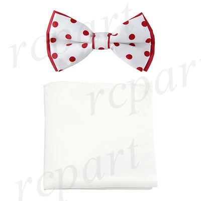 New men's pre-tied polka dot two tone bowtie white hankie set red formal party - Image 1 of 4