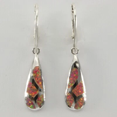Mex. Pendientes colgantes de pera de ópalo de fuego - PLATA ESTERLINA 925 respaldo de palanca rodio #23e Foto 1 de 3