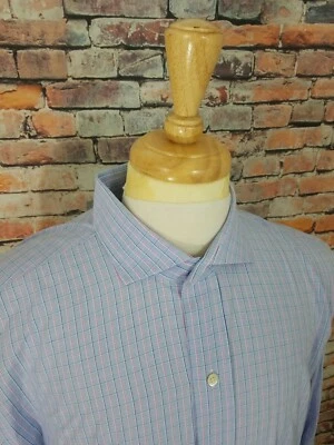 Ledbury 男式长袖蓝色粉红色格子纽扣修身正装衬衫 17 二手状况完好 — 第 1/4 张图片