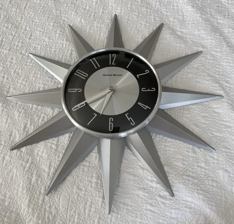 George Nelson Sunburst Clock Starburst Plastic 16" Wall Silver Black Works Fine Cover