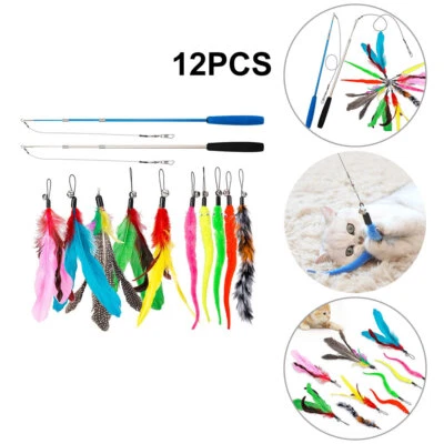 12Pcs Cat Feather Fishing Rod Interactive UK Toys Kitten Funny Exercise Cat Wand - Image 1 of 4