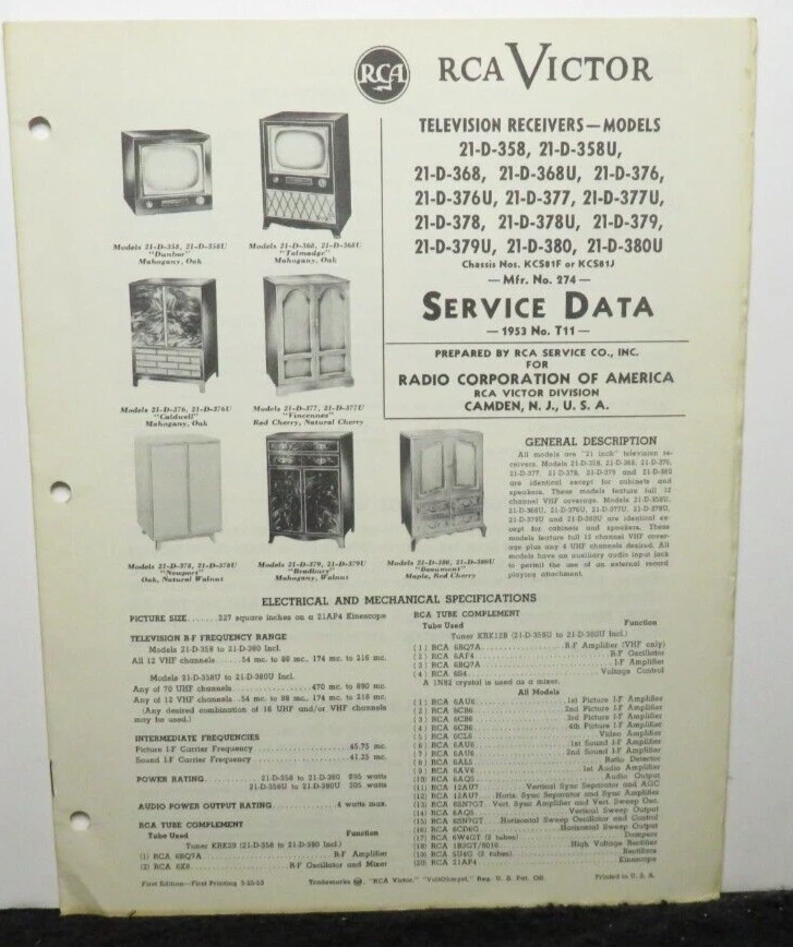 RCA VICTOR TELEVISION SERVICE DATA 1953 T11 21-D-358 -368 -376 -377 U KCS81F J - Image 1 of 1