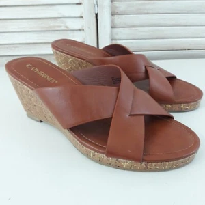 Catherines Women's Size 10W Sandals Brown Faux Leather Slip On Cork Wedge Shoes - Picture 1 of 12