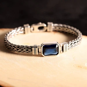 Real 925 Sterling Silver With Blue Zircon Wheat Link Bracelet 7.87inch - Picture 1 of 5