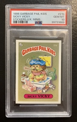 1986 Garbage Pail Kids Sicky Vicky 21b PSA 10 GEM MINT-RARE POP 5 U.K. MINI! TWT - Image 1 of 3