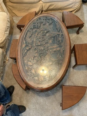 Juego de mesa de centro de teca maciza tallada a mano - Tailandia 1980 - Incluye 6 taburetes a juego Foto 1 de 4