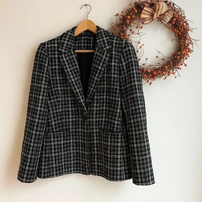 Elie Tahari Womens JUNEAU Multi Tweed Blazer LARGE Black White Plaid - Image 1 of 4
