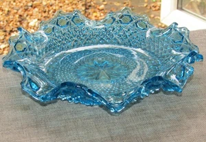 Vintage Blue Hobnail Pressed Glass Dish 23cm diameter Serving Fruit Nuts Bowl - Picture 1 of 9