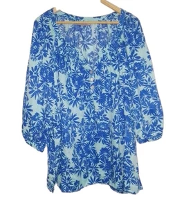 Sussan Womens Blue Floral 3/4 Sleeve 100% Linen Blouse Top Size 18 EUC - Picture 1 of 9