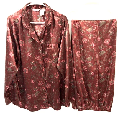 Secret Treasures Mujer XL Borgoña Rosa Sedoso Floral Pijama Tela Botones LS Foto 1 de 4