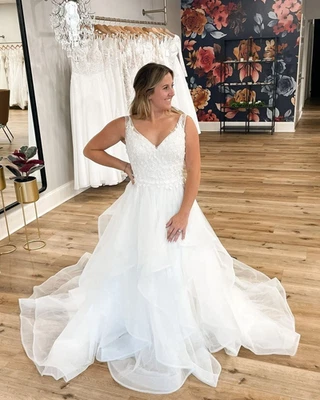 Elegant Wedding Dresses V Neck Lace A Line Ruffles Sweep Train Bridal Gowns - Image 1 of 4
