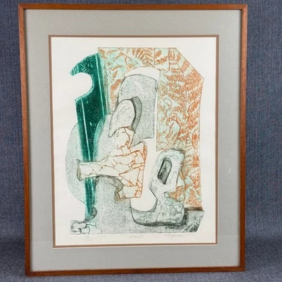 Arte litográfica vintage abstrata expressionista modernismo impressão assinada emoldurada - Imagem 1 de 4