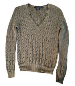 Ralph Lauren Sport Womens Med Cable-Knit Cotton V-Neck Sweater Vintage Pink Pony - Picture 1 of 5