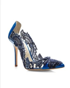 Oscar De La Renta Blue Lace Alyssa Embellished Heels 38.5 - Picture 1 of 6