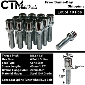10 Chrome 12x1.5 Spline Tuner Lug Bolt 40mm Shank Fit Mercedes Aftermarket Wheel - Picture 1 of 6