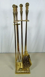 Vintage Ornate Brass Fireplace Tool Set Pokers 27" Floral 4 Tools Plus Stand - Picture 1 of 13