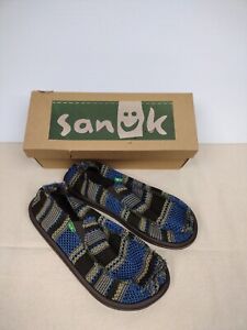 Sanuk Hemp Slip-On Shoes Blue & Brown Stripes Comfort Men's 11