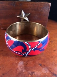 Vtg Nautical Bangle Brass Bracelet Anchor Rope Navy Red White Blue - Picture 1 of 3