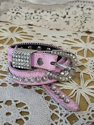 Girls Pink Textured Faux Leather Rhinestone Western Style Belt 26" Long - Image 1 of 4