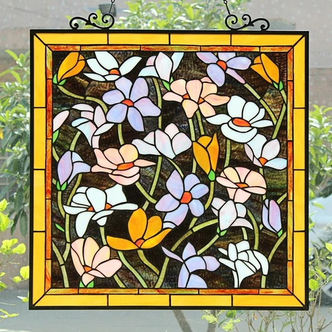 25" Floral Garden Plumerias Tiffany Style Stained Glass Window Panel Cover