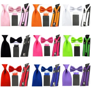 Men Solid Bowtie 8cm Necktie Hanky Pocket Square Stretchy Braces Suspender Set - Picture 1 of 10