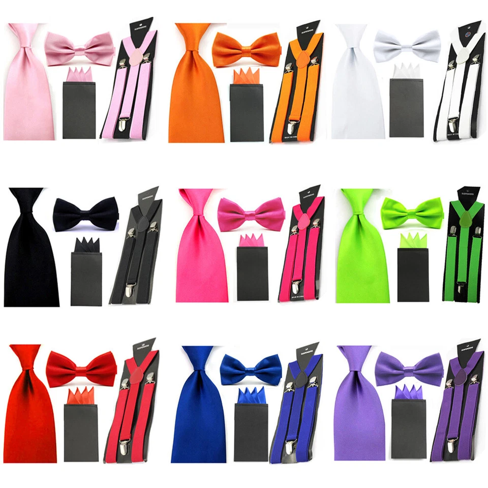 Men Solid Bowtie 8cm Necktie Hanky Pocket Square Stretchy Braces Suspender Set - Image 1 of 1