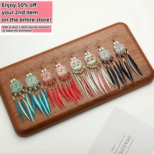 BOHO Feather Beaded Earrings Fringe Tassel Bohemian Ethnic Dangle Drop Handmade - Picture 1 of 12