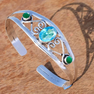 Brazalete asequible de plata de ley 925 con topacio azul y piedras preciosas de ónix verde Londres Foto 1 de 4