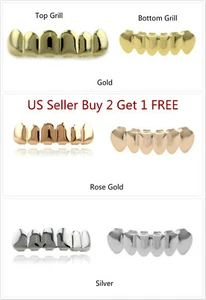 Hip Hop Teeth Grillz Vampire Halloween Top Bottom Plain 14K Gold Silver Rose - Picture 1 of 10
