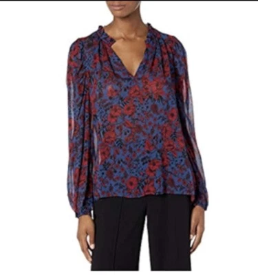 Shoshanna花卉透明衬衫女式小号荷叶领蓝色红色 — 第 1/4 张图片
