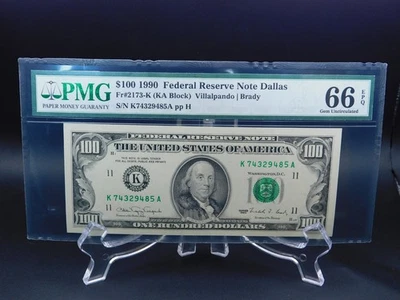 1990 Federal Reserve Note Dallas $100 Bank Note FR-2173-K PMG 66 EPQ  (BT1099) - Image 1 of 2
