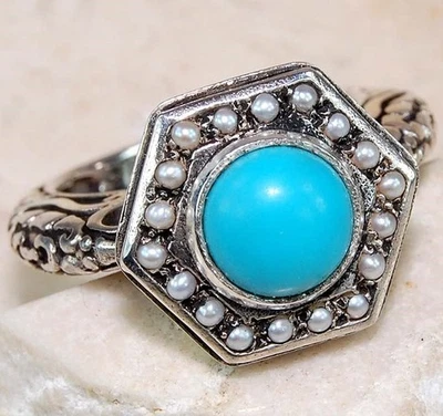 2CT Turquoise & Seed Pearl 925 Sterling Silver Nouveau Style Ring Sz 8 F3-2 - Image 1 of 3