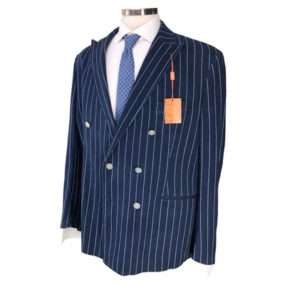 Traje Chaqueta Tallia Para Hombre XL Azul Marino Rayas Doble Pecho Tencel Rayón A Medida Foto 1 de 4