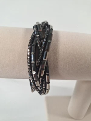 Black Suede Braided Rhinestone Bracelet Snap Adjustable  - Image 1 of 4