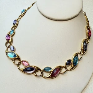 Vintage Trifari Tm Multi Color Pastel Jelly Cabochon Gold Tone Collar Necklace - Picture 1 of 7