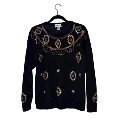 Vintage 90s Exclusive Imports Black Sequin Beaded Ramie Cotton Sweater Harlequin — 第 1/4 张图片