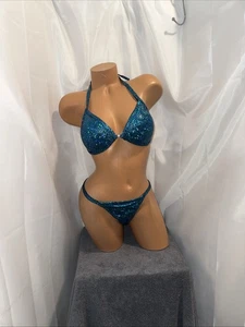 competition bikini Fitness suit Teal  hologram 34C Cup Small Bottoms - Picture 1 of 5