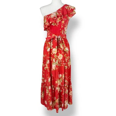 Vestido midi feminino Yumi Kim Malia um ombro pequeno vermelho sedutor floral - Imagem 1 de 4