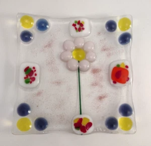Murano Style Fused Art Glass Trinket Dish Tray Flower Jewelry Square 6"x6" Plate - Picture 1 of 7