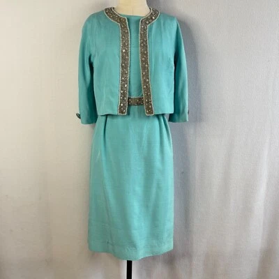 Vestido e jaqueta vintage 1950s 1960s turquesa com miçangas Hong Kong - Imagem 1 de 4