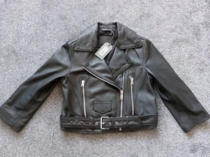 All Saints Brookes Black Crop Leather Biker Jacket 3/4 Sleeve BNWT RRP £319 UK10 - Picture 1 of 9