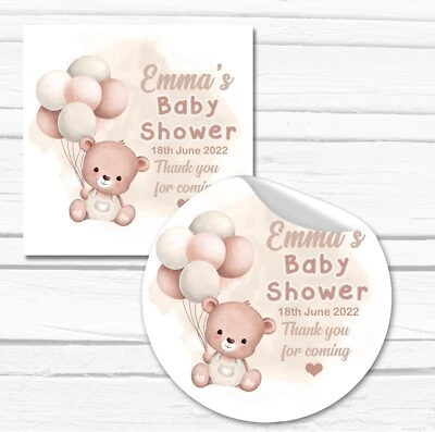STICKER PRINT STUDIO Baby Shower Stickers Personalised Favours Gloss Labels Neutral Beige Teddy Bear