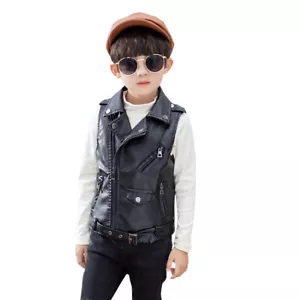 Boy Kids Girls PU Leather Lapel Punk Short Vest Jacket Coat Waistcoat Top Vest - Picture 1 of 5