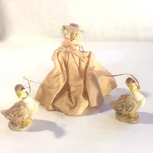 Vtg ART DECO (1920's) LADY w Geese on Rope CHALK Compostion FIGURE Satin Dress - Picture 1 of 12