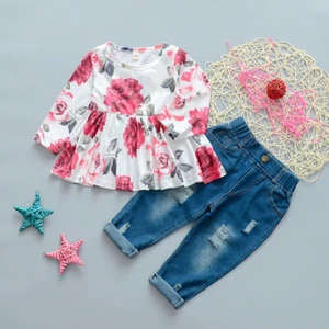 2-teiliges Kleinkind Kinder Baby Mädchen Kleidung Rose Tops + Denim Jeans Hosen Outfits Set - Bild 1 von 13